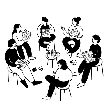 Artists sitting in a circle, holding sketches, and discussing each other's work