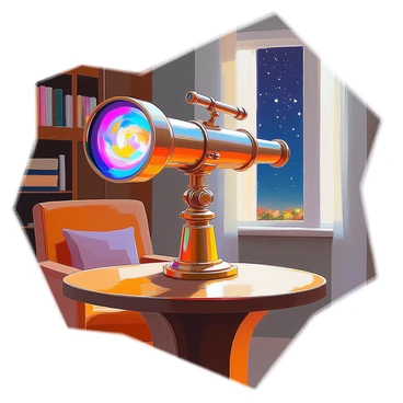 A telescope with an ornate design sits prominently on a wooden table. Its shiny brass fittings reflect light as it stands tall with an adjustable eyepiece. Inside the lens, swirling images depict soft, ethereal forms representing "memories" and "dreams," blending together in an array of colors. Surrounding the telescope, a cozy room is dimly lit, with bookshelves filled with various books and a plush armchair nearby. A small window reveals a dark night sky sprinkled with stars, contrasting the fantastical visions within the telescope.