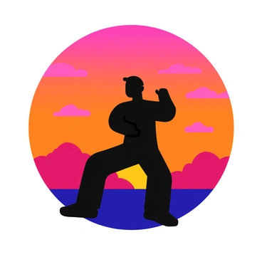 A black silhouette of a person gracefully performing tai chi poses. The figure is positioned in the center, showcasing a fluid posture. The background features a vibrant sunset sky, filled with a blend of warm oranges, deep pinks, and hints of purple, creating a striking contrast against the dark silhouette. Soft clouds scatter across the sky, illuminated by the setting sun. The scene conveys a sense of tranquility and movement.