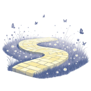 A winding "brick road" made of yellow bricks leads through a lush "meadow." The ground is covered with "grass" and "wildflowers," providing a vibrant backdrop. Numerous "butterflies" are gracefully fluttering throughout the scene, showcasing various shapes and sizes. The sky above is clear, enhancing the brightness of the "meadow." The pathway curves gently, inviting the viewer to imagine a journey through this picturesque landscape.