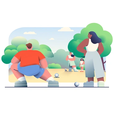 A petanque match is taking place in a sunny outdoor setting. In the foreground, a man with short brown hair is crouched low, focusing on his throw. He is wearing a red t-shirt and blue shorts. Next to him, a woman with long black hair is standing with a determined expression, wearing a white tank top and light gray pants. Several metallic boules are scattered around the sandy terrain, with one boule close to a small white target ball. In the background, a few spectators are watching eagerly, and lush green trees frame the scene under a clear blue sky.