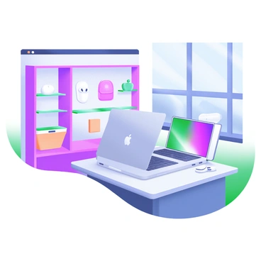 A modern pastel illustration featuring a sleek display of various Apple products in a store. The arrangement includes a shiny silver MacBook, an iPhone with a vibrant screen, and a white iPad, all placed on a minimalist, light-colored table. Behind the products, there are shelves with neatly organized accessories like AirPods and charging cables. The store's walls are painted in soft pastel colors, and there are subtle lighting accents highlighting the products. A large window showcases a view of the outside street, adding to the store's inviting atmosphere.