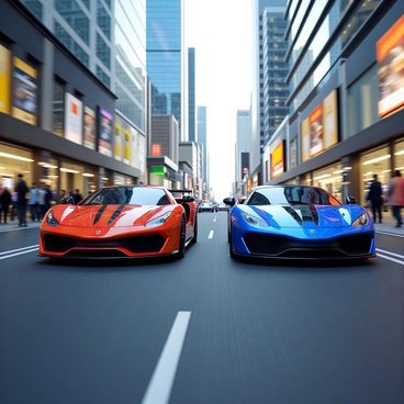 A pair of 3D sports cars racing down a bustling city street