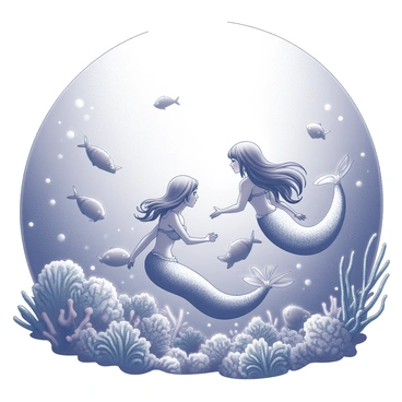 An underwater kingdom filled with vibrant coral reefs. Mermaids with flowing hair are gracefully swimming through the water, surrounded by various species of fish. The coral formations have intricate textures and shapes, creating a rich environment for marine life. Bubbles rise to the surface, and sunlight filters down, illuminating the scene. The mermaids are adorned with shimmering scales and are interacting with the fish, showcasing a dynamic underwater community.