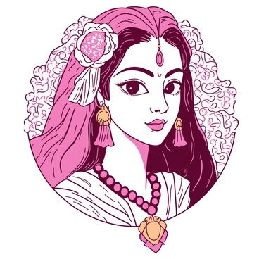 A detailed depiction of "Durga's face" with intricate features resembling ancient sculptures. The face has large, expressive eyes and a serene expression. Her hair is long and flows elegantly, adorned with "jewels" that add a touch of opulence. "Color_1" and "color_2" are used to highlight different elements of her intricate facial features. The background contains subtle patterns reminiscent of traditional art styles, enhancing the overall composition without drawing attention away from her face.