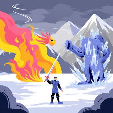 An epic battle scene depicting fire and ice clashing in a fantasy landscape