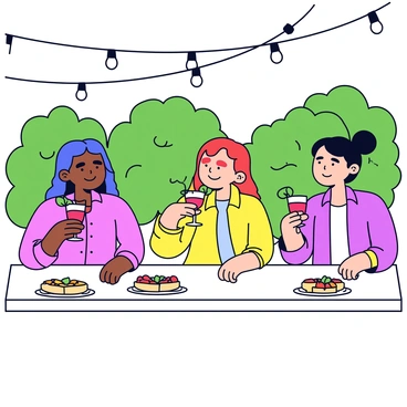 A garden party scene with guests enjoying raspberry cocktails and appetizers