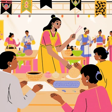 A woman standing confidently at a cultural exhibition, wearing a colorful traditional dress. She is surrounded by various handcrafted items such as woven baskets, intricate pottery, and vibrant textiles displayed on a wooden table. The background features decorative banners and other artisans showcasing their crafts, creating an engaging atmosphere. The woman's hands are gracefully positioned as she demonstrates a crafting technique to a captivated audience. Bright lights illuminate her work, enhancing the colors and details of the traditional crafts.