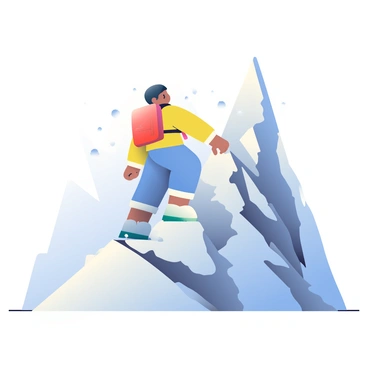 A lone climber with a yellow jacket and blue pants is reaching the snowy peak of a towering mountain. The climber is wearing a black helmet and has a backpack secured tightly on their back. Snow is visibly falling around them, creating a mist of white flakes in the air. The mountain is rugged with sharp, rocky edges beneath a blanket of snow, and the sky above is a soft gray, indicating a cold atmosphere. The climber's expression is determined as they lift one foot to take a final step onto the summit, where the snow is undisturbed.