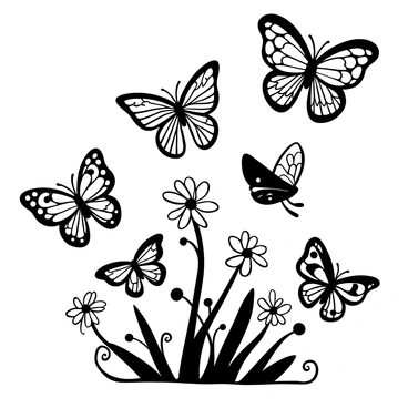 Several butterflies fluttering in the air, each with wings featuring intricate patterns inspired by Art Nouveau design. The butterflies vary in size, with some larger and others smaller, creating a dynamic composition. They are positioned amidst delicate flowers, with swirling vines and leaves adding to the whimsical atmosphere. The scene captures the elegance and detail of the butterflies' wings and the surrounding flora.