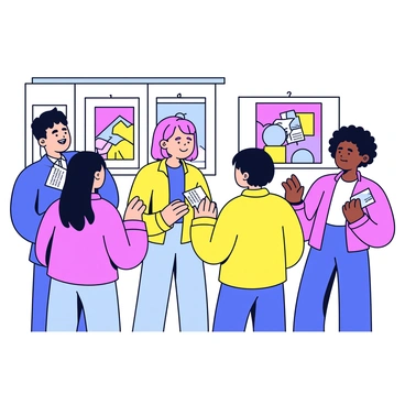 A group of artists gathered at an art event, engaging in conversation. Each artist holds a small stack of business cards, exchanging them with one another. The artists vary in appearance, with some wearing colorful clothing and others in more neutral tones. Lively expressions and gestures are evident as they share ideas and experiences. A backdrop of art pieces on display adds vibrancy to the scene.
