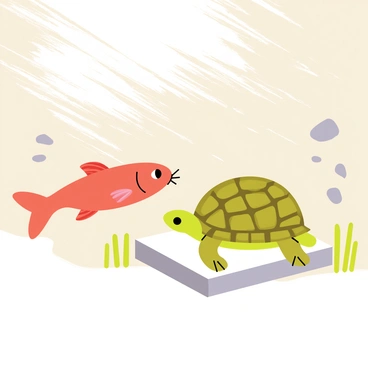 A catfish with smooth, elongated body and whiskers swims near a turtle with a textured, greenish-brown shell. The riverbed is sandy with scattered pebbles and patches of aquatic plants. Sunlight filters through the water, creating a dappled pattern on the catfish and turtle. The catfish glances curiously at the turtle, while the turtle rests calmly on a flat rock, enjoying the serene environment around them.