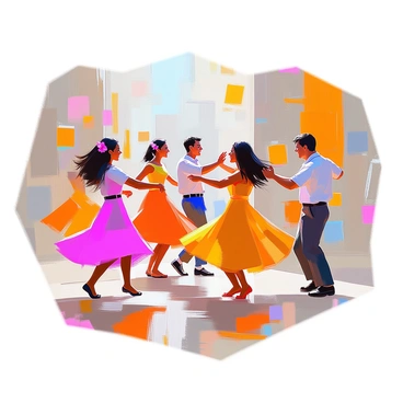 A group of figures of diverse appearances, including individuals with various skin tones and hairstyles, are dancing joyfully in a spacious room. They are dressed in colorful clothing, with flowing garments that move elegantly as they celebrate. The walls of the room are adorned with bold patterns reminiscent of Matisse's style, featuring vibrant shapes and motifs in a harmonious arrangement. The floor is a polished wood, reflecting the lively energy of the movement. The atmosphere is filled with a sense of togetherness and happiness as the figures interact and share in their dance.