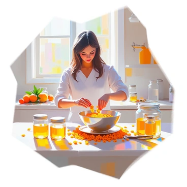 A herbalist with medium skin and long dark hair is carefully preparing calendula oil in a bright, sunny kitchen. The countertop is adorned with vibrant fresh calendula petals scattered around. Several glass jars are positioned nearby, some filled with the golden oil while others are empty, ready to be filled. Sunlight streams through a window, illuminating the workspace and enhancing the rich colors of the petals and jars. The herbalist is focused on her task, gently mixing the petals in a bowl, surrounded by tools of her craft.