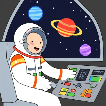 A 3D cartoon astronaut character with a round helmet and a cheerful expression is seated at the controls of a spaceship. The astronaut has a white suit adorned with colorful patches and a large, friendly smile. The spaceship cockpit is filled with buttons and levers, all brightly colored. Through the large window, several vibrant planets of varying sizes and colors can be seen, floating in the dark expanse of space. One planet is striped with blue and green, another is bright red with yellow rings, and a third is a shimmering purple. The scene is lively and captures the sense of adventure in space exploration.