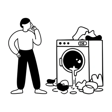 A person holding a telephone to their ear stands next to a broken washing machine. The washing machine shows signs of malfunction with water leaking out from the bottom. There are puddles forming on the floor beneath it. The person is pointing towards the washing machine, indicating the issue, with a concerned posture. The room is filled with scattered laundry items, adding to the chaotic scene.