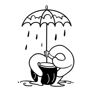 A dholak positioned on the ground, with a pair of hands playing rhythmic beats on it. Above, a large, colorful umbrella is open, providing shelter from the rain. Raindrops visibly falling around the scene, creating small splashes on the ground. Surrounding the dholak, there are puddles forming as the rain continues, while the umbrella's vibrant patterns contrast against the monochrome backdrop.