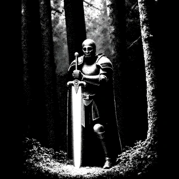 A hero stands confidently in a dark forest, holding a sword made of pure light that emits a bright, radiant glow. The sword is elegantly shaped, with intricate designs along the hilt. The hero is wearing a suit of armor that reflects the light from the sword, highlighting their determined expression. Surrounding the hero are tall, shadowy trees with thick trunks and dense foliage, creating a stark contrast against the light. The ground is covered with dark leaves and underbrush, and the light from the sword illuminates the area around the hero, casting deep shadows on the forest floor.