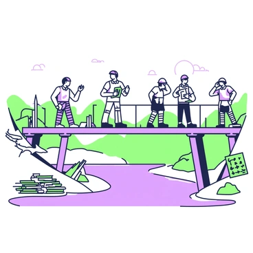 A half-built bridge stretches over a river, partially constructed with exposed beams and scaffolding. Several workers are gathered on the bridge, looking thoughtfully at their plans and discussing the next steps. One worker is holding a set of blueprints in one hand while scratching his head with the other. Below the bridge, the river flows steadily, reflecting the bridge's structure. On the riverbanks, there are stacks of construction materials, including wooden planks and metal rods, waiting to be used. In the background, a clear sky is visible, while distant hills frame the scene.