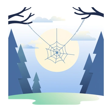 A lone spider web is delicately suspended between two branches, glistening under the soft glow of a full moon. The web, intricately woven with fine, silvery threads, catches the moonlight, creating a sparkling effect. In the background, dark silhouettes of trees frame the scene, casting gentle shadows on the ground below. The full moon, round and bright, hangs in the night sky, surrounded by a few wispy clouds, adding depth to the tranquil atmosphere. The grass below is slightly damp, reflecting the moonlight, enhancing the ethereal mood of the setting.