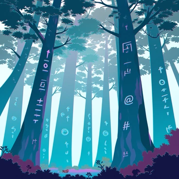 A dense forest filled with towering trees, their trunks covered in intricate carvings. Each tree's bark features various hashtags and social media symbols, such as "@" and "#", blending nature with digital culture. The foliage above is lush and vibrant, casting dappled shadows on the forest floor. Sunlight filters through the leaves, illuminating the unique carvings on the trees and creating an interesting contrast between the organic and the digital. Small wildlife can be seen nestled among the underbrush, adding life to this unusual forest scene.