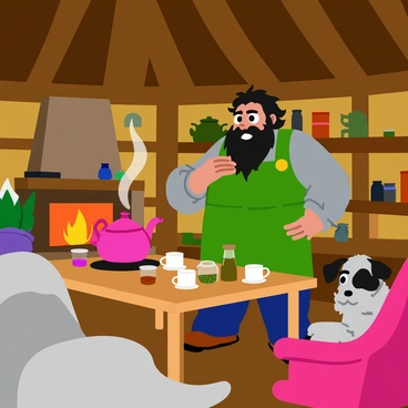 Hagrid, a large man with wild black hair and a bushy beard, stands in his cozy hut, preparing tea. A wooden table is cluttered with various jars filled with herbs and a few mugs. The kettle, shaped like a whimsical creature, sits atop an open fire, with steam rising as it boils. The interior of the hut is filled with rustic wooden beams, shelves lined with magical trinkets, and a warm glow from the fireplace. A few oversized chairs are scattered around, and a large, fluffy dog lounges near the hearth. The atmosphere is inviting and homely.
