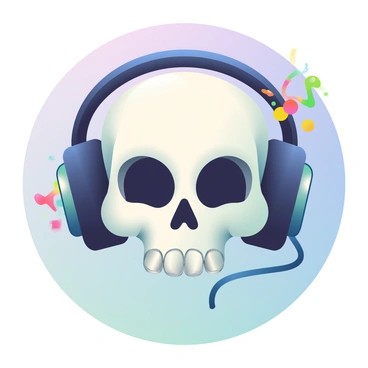 A chilling skull with a smooth, glossy surface is positioned centrally in the image. It has large, oversized black headphones resting on its bony ears. The headphones have soft cushioning and glimmer subtly under a light source. The eye sockets of the skull are dark, and wisps of colorful sound waves are emanating from the headphones, creating a vibrant atmosphere. The background features a soft gradient that transitions from deep purple to teal, enhancing the mood of being lost in music.
