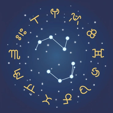 A dark blue background is filled with tiny white stars twinkling in the night sky. The "Gemini constellation" is depicted prominently in the center, with bright stars connected by glowing white lines to clearly delineate its shape. Surrounding the constellation are various "astrological symbols" representing the twelve zodiac signs, each symbol rendered in gold with a soft glow. The symbols are arranged in a circular pattern around the constellation, with delicate, shimmering lines connecting them to the stars, creating a coherent and mystical visual flow throughout the image.