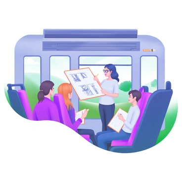 A modern pastel illustration depicting an "illustration tutor" standing in the aisle of a train, demonstrating sketching techniques. The tutor, a middle-aged woman with glasses, holds a sketchbook open, showing various pencil techniques. A few passengers are seated nearby, attentively watching her while holding their own sketchbooks. The interior of the train features large windows with countryside scenery visible outside, and overhead luggage compartments. The atmosphere suggests a focus on creativity and learning during travel.