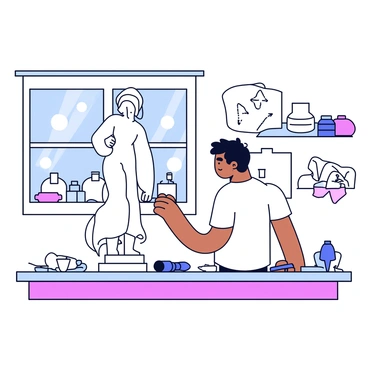 A sculptor is chiseling a marble statue in a bright art studio. The sculptor is wearing a simple white shirt and has short hair. The marble statue is partially finished, showcasing a graceful figure with smooth contours. Tools are scattered on a wooden workbench nearby, including chisels and a mallet. The studio has large windows that let in natural light, illuminating the dust particles in the air. There are pots of clay and sketches pinned to the walls, indicating the creative process.
