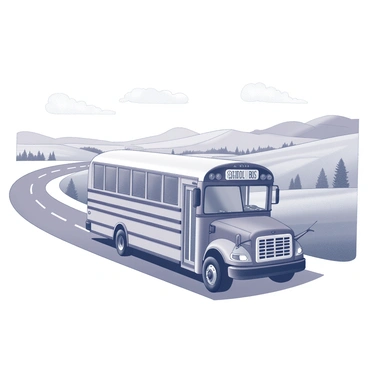 A school bus is driving along a winding road. The bus has a distinct shape with large windows and a stop sign extended on the side. The background showcases a vast open countryside filled with rolling hills and dotted with trees and fields. In the distance, a clear sky stretches above, adding to the spacious feeling of the scene. A few fluffy clouds can be seen in the sky. The bus is in motion, creating a sense of travel through this serene landscape.