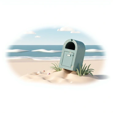 A weathered wooden mailbox, showing signs of age with peeling paint and rough texture, is positioned on a sandy beach. The mailbox is slightly tilted, surrounded by tufts of grass and small seashells scattered around it. In the background, ocean waves gently crash against the shore, creating white frothy edges as they pull back into the sea. The sky is clear with a few wispy clouds, and the sunlight casts soft shadows on the sand, highlighting the contours of the beach.