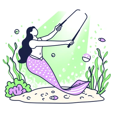 A surreal underwater scene featuring a mermaid with long flowing hair and a shimmering tail. She is swinging gracefully at a floating baseball, which hovers mid-water. The background is filled with aquatic plants swaying gently, and colorful fish darting around. Sunbeams penetrate through the water's surface, creating a dance of light on the sandy ocean floor. The mermaid's expression is focused, and bubbles rise around her as she prepares for the swing.