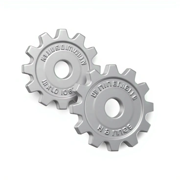 A pair of metallic gears interlocking smoothly with one another. The gears are intricately detailed, showcasing their teeth meshing perfectly. Each gear has engraved values written clearly on their surface, symbolizing aligned objectives. The gears have a shiny finish that reflects light, emphasizing their mechanical precision. One gear is slightly larger than the other, creating a dynamic composition as they work in unison.