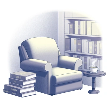 A cozy corner of a librairie with a comfortable armchair positioned against a wall lined with shelves. The armchair features plush cushioning and a soft texture. Beside the chair, there is a stack of several books piled haphazardly, each displaying varied sizes and shapes. The books have intricate covers with titles embossed in gold. A small wooden side table sits next to the chair, holding a steaming cup of tea. A warm light source illuminates the scene, casting gentle shadows.