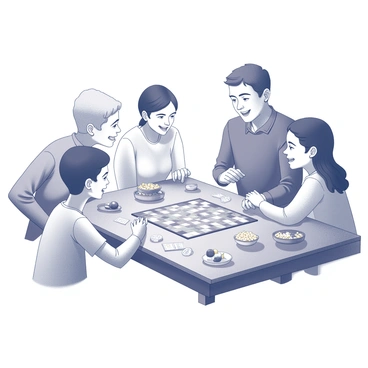 A family gathered around a wooden table engaged in a board game. The table is covered with various snacks such as bowls of popcorn and plates of fruit. Each family member has an expression of enjoyment, with smiles on their faces as they interact with each other. The scene includes game pieces and cards spread across the table, and a lively atmosphere is conveyed through their gestures and postures as they lean in toward the game.