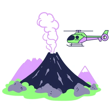 An R66 helicopter is flying above a volcano that is actively spewing smoke. The helicopter is positioned to the right of the image, showcasing its sleek design and rotor blades in motion. Below, the volcano dominates the landscape, with a dark, rugged surface and a plume of smoke rising dramatically from its peak. The smoke billows outwards, swirling into the atmosphere. Surrounding the volcano, there are patches of green vegetation and rocky terrain. In the background, other distant mountains create a sense of depth in the scene.