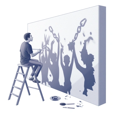 An artist is positioned on a ladder, focused on painting a large mural on a wall. The mural depicts multiple figures of diverse backgrounds, each breaking free from chains that are being shattered around them. The figures are depicted in various dynamic poses, showcasing their strength and determination. The surroundings include paint splatters and brushes scattered on the ground, emphasizing the artist's creative process. The artist's expression reflects concentration and passion for the artwork.