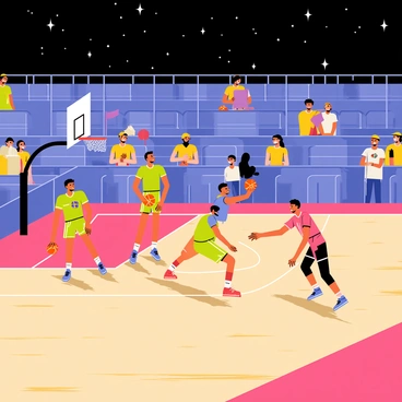 A vibrant basketball game taking place on a polished wooden court. Players are wearing colorful jerseys, engaged in an intense match, with one player dribbling the ball while another player attempts to block them. Bright stadium lights illuminate the court, casting clear shadows on the floor. Spectators are cheering in the stands, some waving flags. Above, a clear starry sky is visible through the open roof, with numerous stars twinkling in the darkness.