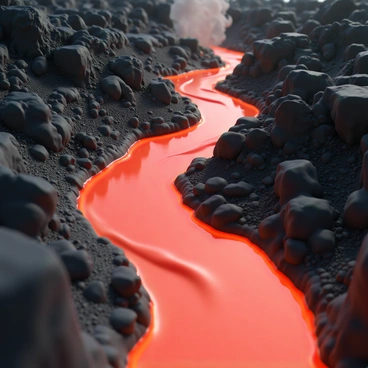 A slow-moving river of lava, glowing bright red and orange, winds through a dark, rocky terrain. The surface of the lava is fluid, creating ripples and small waves as it flows. The surrounding terrain is jagged and blackened, with sharp volcanic rocks and ash scattered throughout. In the foreground, the glowing lava contrasts sharply against the darker background, casting an eerie light on the nearby rocks. Wisps of smoke rise from the surface of the lava, adding texture to the scene.