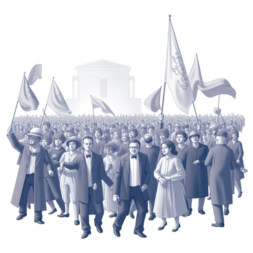 A lithographic illustration depicting a significant historical event. In the foreground, a large crowd of diverse individuals is gathered, some with expressions of excitement and curiosity. They are dressed in period-appropriate clothing, showcasing various styles and accessories of the era. In the background, a monumental building or structure is visible, hinting at its importance in the event. Flags and banners are displayed prominently, with specific inscriptions that reflect the occasion. The composition is dynamic, with a sense of movement as people interact with one another, celebrating or reacting to the unfolding event.