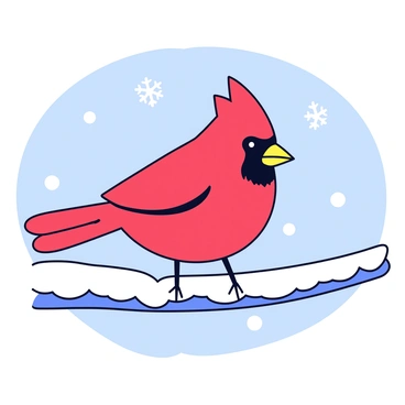 A bright red cardinal with a distinctive crest is perched on a snow-covered branch. The branch is bare and coated with a thick layer of white snow, contrasting sharply with the bird's vibrant feathers. The background features a soft blur of wintry scenery, suggesting a cold, clear winter day. The cardinal is facing slightly to the side, showcasing its sharp beak and striking black mask around its eyes. Tiny snowflakes are gently falling around it, adding to the wintry atmosphere.