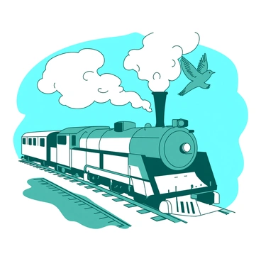 A teal hirondelle is flying gracefully alongside a white vintage steam train as it chugs along the tracks. The train is billowing clouds of white steam from its chimney, creating a dramatic contrast against the vibrant blue sky. The metal tracks glisten in the sunlight, leading the way into the distance. The wings of the hirondelle are outstretched, capturing the air as it effortlessly glides next to the powerful locomotive. Small details like the train's classic design and the delicate features of the hirondelle are evident, adding depth to the scene.