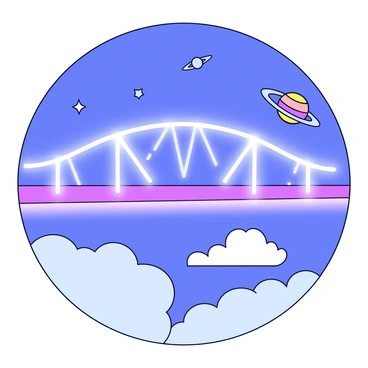 A bridge made of bright, glowing light spans across an expansive celestial landscape. The bridge has a smooth, flowing shape with radiant beams extending from both sides. Below the bridge, there are soft, fluffy clouds scattered across the scene, with a gentle glow reflecting off their surfaces. In the background, there are twinkling stars and distant planets, enhancing the celestial atmosphere. The overall color scheme features shades of blue and purple, creating a harmonious and luminous setting.