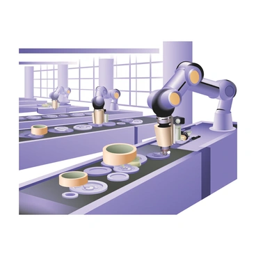 A digital flat illustration depicting a robotic arm in a modern factory setting. The robotic arm is metallic with articulated joints and a gripper mechanism, actively picking up a shiny, cylindrical part from a conveyor belt. The conveyor belt is lined with various mechanical components, showcasing an array of gears and chips. In the background, there are large windows with bright, natural light illuminating the factory floor, and several more robotic arms are visible, each engaged in different tasks. The factory interior has clean lines and a sleek design, emphasizing a high-tech ambiance.