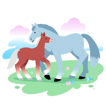 A mare with a sleek coat is nuzzling her foal in a grassy field. The foal, with soft fur and small stature, is leaning against the mare. Bright green grass covers the ground, with patches of wildflowers adding splashes of color. In the background, a few gentle hills rise, and the sky has gradient pastel colors, transitioning smoothly from soft pink to light blue. The scene conveys a sense of warmth and tenderness between the mare and her foal.