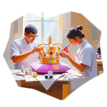 A royal crown made of gold and adorned with various colorful gemstones is being carefully restored by skilled artisans in a well-lit workshop. The crown is placed on a velvet cushion, allowing for detailed examination. Two artisans, a man and a woman, are focused on their task; the man, with dark hair and wearing glasses, is gently polishing the crown with a soft cloth, while the woman, with light skin and long hair tied back, is inspecting the gemstones using a magnifying glass. The workshop is filled with tools and materials for jewelry restoration, including small brushes, jars of adhesive, and a wooden workbench cluttered with various devices. Natural light streams in through a window, illuminating the intricate details of the crown and the artisans' meticulous work.