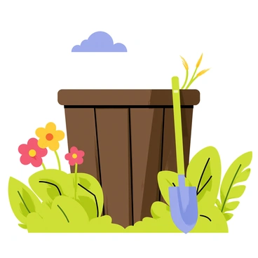 A compost bin made of wooden slats with a dark brown color, situated in the center of a vibrant backyard. Surrounding the compost bin, there are clusters of green plants with broad leaves and colorful flowers in full bloom, including red and yellow petals. The scene includes a sunny blue sky overhead, casting light on the lush greenery and highlighting the textures of the plants. A small garden trowel is leaning against the compost bin, adding a touch of gardening flair to the environment.