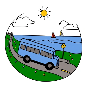 A blue school bus driving along a winding coastal road. The bus has large windows and a bright yellow stop sign extended from the side. The road is lined with lush green grass and colorful flowers. In the background, there is a clear blue sea, gently rolling waves, and a few distant sailboats. The sky is bright with fluffy white clouds scattered throughout. The sun is shining down, illuminating the scene.