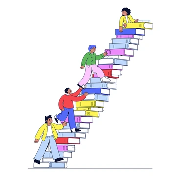 A ladder constructed entirely of stacked books leads upward into the distance. The books are various colors, with titles visible on their spines. Several individuals are depicted climbing the ladder, each wearing distinct outfits. One person, dressed in a red shirt, reaches for the next book, while another in a green jacket carefully steps up. The background shows a simple horizon, emphasizing the upward motion toward the books.
